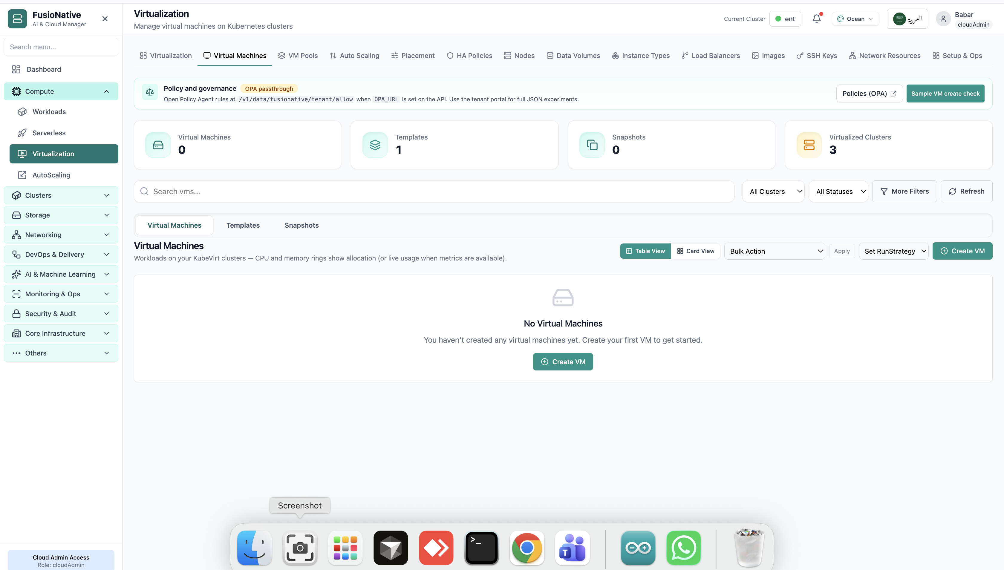 Virtual machines tab with create VM action.